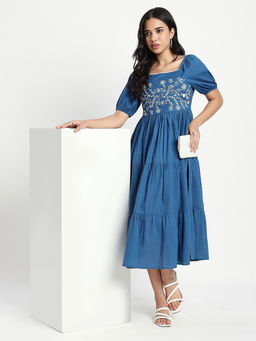 R&B - Blue Solid A-Line Midi Dress