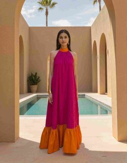 Naava - Pink Solid Flared Maxi Dress