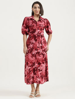 United Colors of Benetton - Maroon Printed A-Line Midi Dress