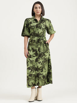 United Colors of Benetton - Green Printed A-Line Midi Dress