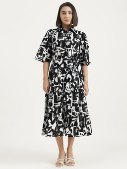 United Colors of Benetton - Black Printed A-Line Midi Dress