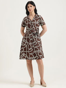 United Colors of Benetton - Brown Printed A-Line Knee Length Dress