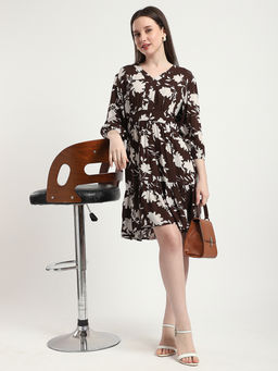 R&B - Brown Floral Flared Mini Dress