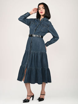 Odette - Blue Solid A-Line Midi Dress