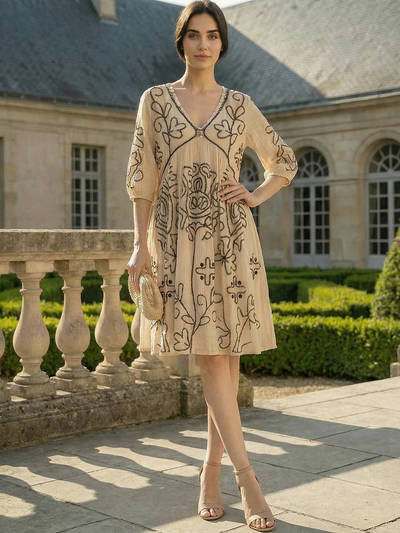 Off White Embroidered A-Line Knee Length Dress