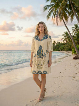 ZUMMER - Off White Embroidered A-Line Knee Length Dress