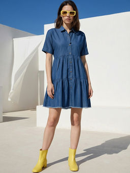ZUMMER - Blue Solid Shirt Knee Length Dress