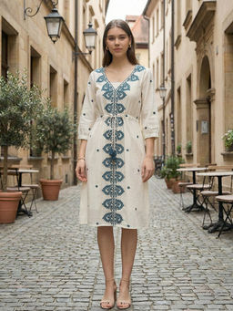 ZUMMER - Off White Embroidered A-Line Midi Dress with Belt