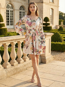 ZUMMER - Cream Printed A-Line Midi Dress