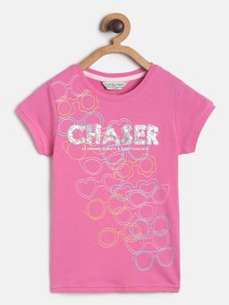 Tales & Stories - Girls Printed Pink Lycra Round Neck T-Shirt