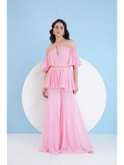 MANDIRA WIRK - Solid Pink Embroidered Jumpsuit