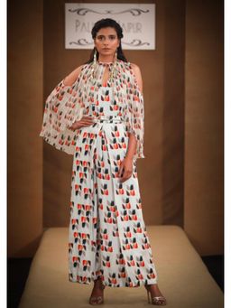 PALLAVI JAIPUR - White Crew Neck Printed Jumpsuit with Cape and Belt