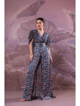 PALLAVI JAIPUR - Blue Cowl Neck Printed Jumpsuit with Belt and Jacket