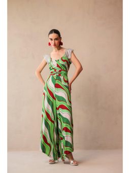 PALLAVI JAIPUR - Multi-Colour V-Neck Printed Jumpsuit with Belt