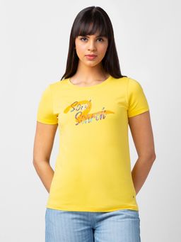 Spykar - Women Lemon Yellow Blended Regular Fit Half Sleeve Printed T-shirt