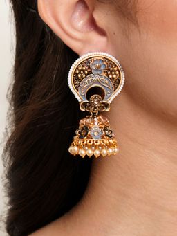 Karatcart - Antique Gold Plated White Beaded Grey Floral Jhumki Earrings for Women