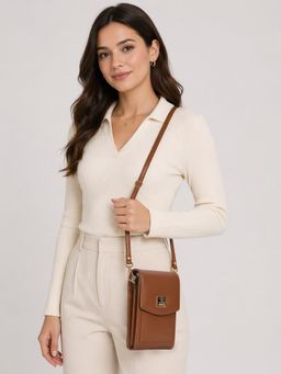 ESBEDA - Tan Flap Lock Mini Mobile Sling Bag for Womens (S)