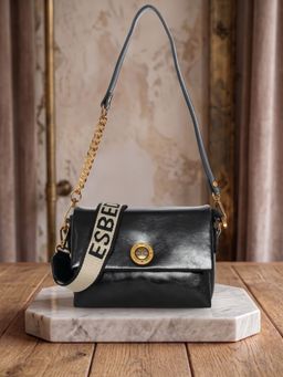 ESBEDA - Black Glossy Shine Luxe Flap Sling Bag for Womens (S)