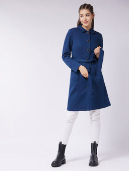 Miss Chase - Womens Navy Blue Collared Full Sleeve Solid Tie-up Longline Jacket