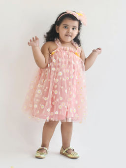Fayon Kids - Pink Flower Print Net Dress For Girls