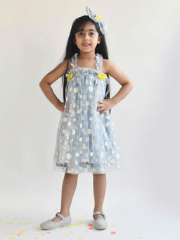Fayon Kids - Blue Flower Print Net Dress For Girls