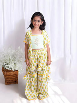 Fayon Kids - Green Cotton Half Sleeves Floral Top With Sharara