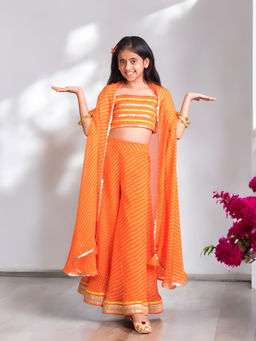 Fayon Kids - Orange Georgette Sleeveless Embellished Crop Top With Sharara & Cape