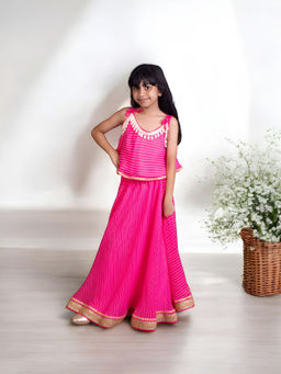 Fayon Kids - Pink Georgette Sleeveless Stripes Top With Skirt