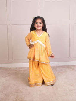 Fayon Kids - Yellow Georgette Full Sleeves Stripes Kurta With Sharara