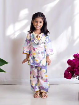 Fayon Kids - Multi-Color Cotton Three Fourth Sleeves Floral Kurti With Pant