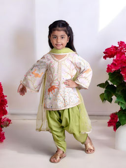 Fayon Kids - Multi-Color Cotton Full Sleeves Printed Kurta With Dhoti & Dupatta