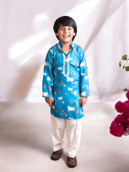 Fayon Kids - Blue Cotton Full Sleeves Printed Kurta With Pant