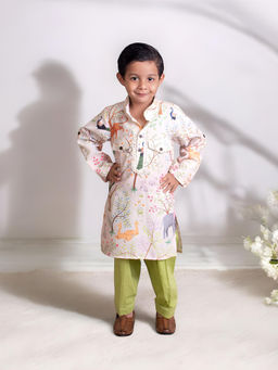 Fayon Kids - Ivory Cotton Full Sleeves Printed Kurta With Pant