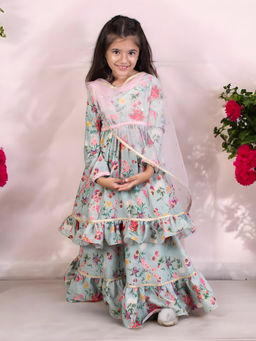 Fayon Kids - Green Cotton Full Sleeves Printed Kurta With Lehenga & Dupatta