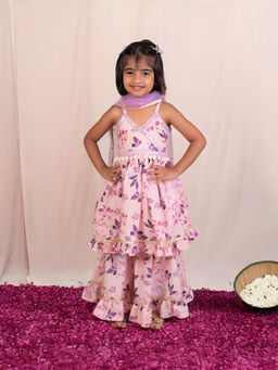 Fayon Kids - Lavender Cotton Sleeveless Printed Kurta With Sharara & Dupatta