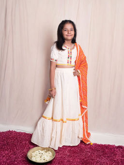 Fayon Kids - Off White Cotton Half Sleeves Embellished Top With Skirt & Dupatta
