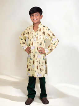 Fayon Kids - Yellow Cotton Full Sleeves Printed Kurta With Pant