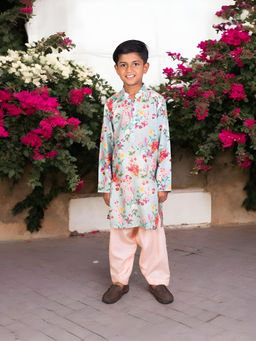 Fayon Kids - Green Cotton Full Sleeves Printed Kurta With Pant