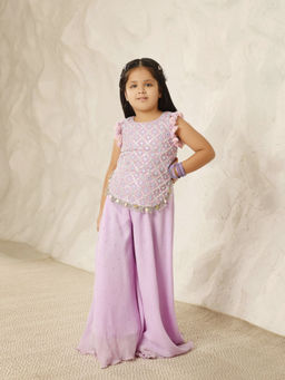 Fayon Kids - Lavender Georgette Sleeveless Embroidered Top With Palazzo