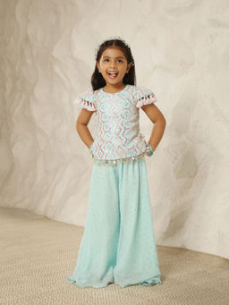 Fayon Kids - Blue Georgette Cap Embroidered Top With Palazzo