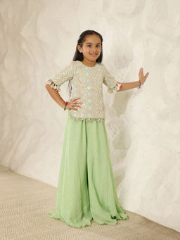 Fayon Kids - Green Georgette Half Sleeves Embroidered Top With Palazzo