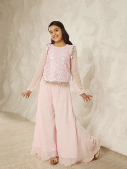 Fayon Kids - Pink Georgette Full Sleeves Embroidered Top With Palazzo