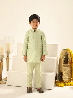 Fayon Kids - Green Cotton Full Sleeves Embroidered Kurta With Pant