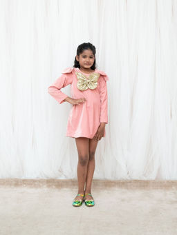 Fayon Kids - Peach Velvet Round Neck Embellished Dress