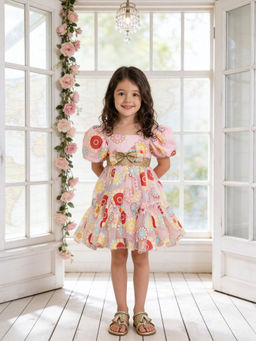 Fayon Kids - Pink Organza Square Neck Printed Dress