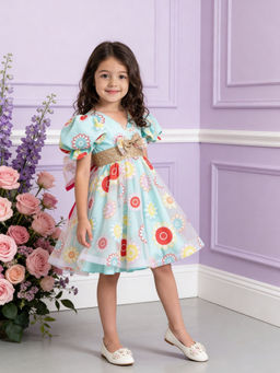 Fayon Kids - Blue Organza V-Neck Printed Dress