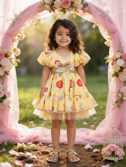 Fayon Kids - Yellow Organza Round Neck Printed Dress