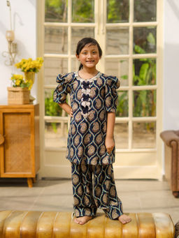 Fayon Kids - Navy Blue Cotton Half Sleeves Printed Kurta With Pant