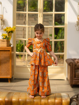 Fayon Kids - Orange Cotton Half Sleeves Printed Kurti With Palazzo