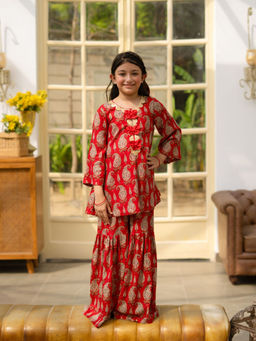 Fayon Kids - Red Cotton Three Fourth Sleeves Printed Kurti With Sharara